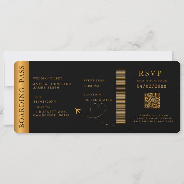 Black Boarding Pass Destination wedding QR code  Invitation (Front)