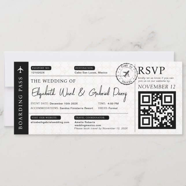 Black Boarding Pass Travel Destination Wedding Invitation (Front)