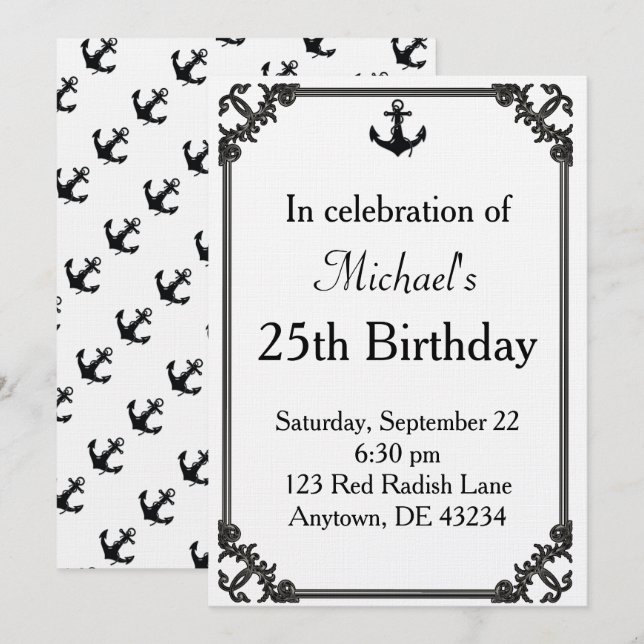 Black Boat Anchor Birthday Invitation (Front/Back)