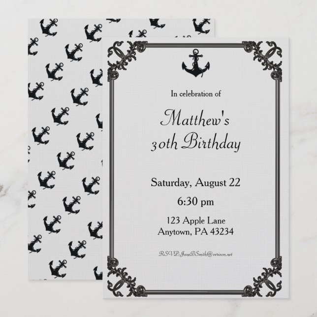 Black Boat Anchor Custom Birthday Invitation (Front/Back)