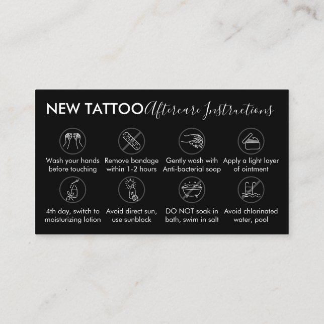 Black Body Art Aftercare Instructions Tattoo Business Card (Back)