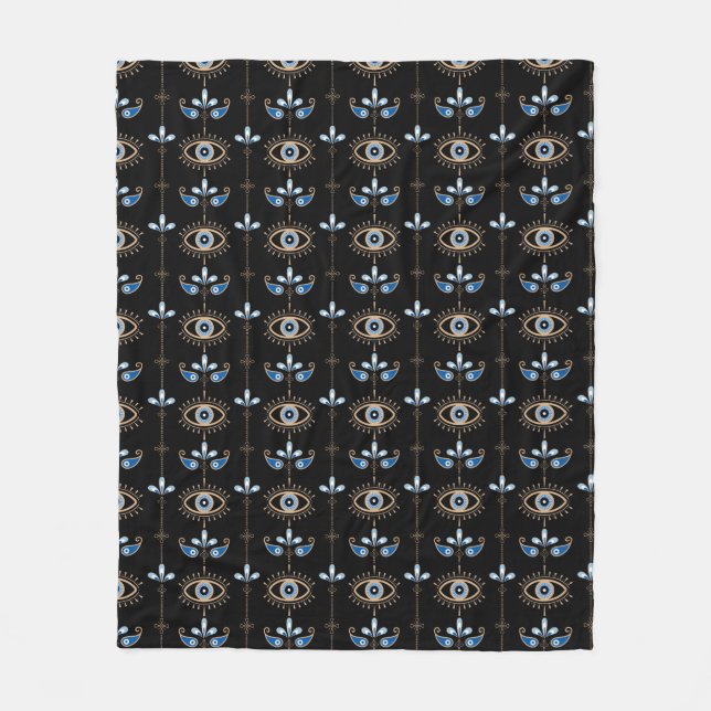 Black bohemian retro evil eye pattern fleece blanket (Front)
