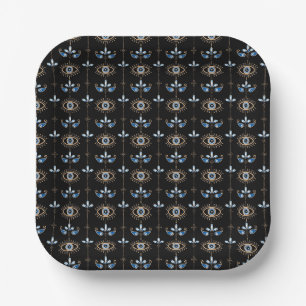 Black bohemian retro evil eye pattern paper plate