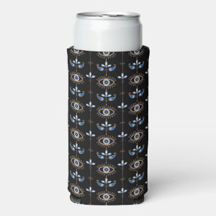 Black bohemian retro evil eye pattern seltzer can cooler