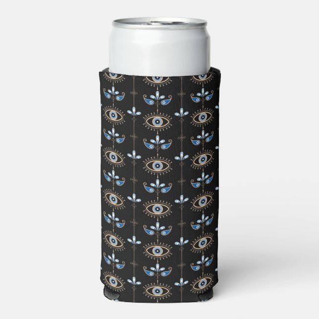Black bohemian retro evil eye pattern seltzer can cooler (Seltzer Front)