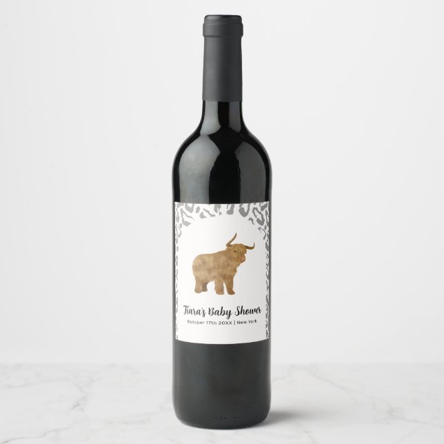 Black Boho Arch Holy Cow Western Baby Shower Wine Label (Front)