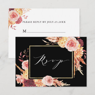 Black Boho Burgundy Terracotta Floral Wedding RSVP Card