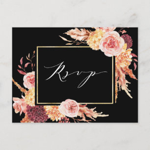 Black Boho Burgundy Terracotta Flower Wedding RSVP Postcard