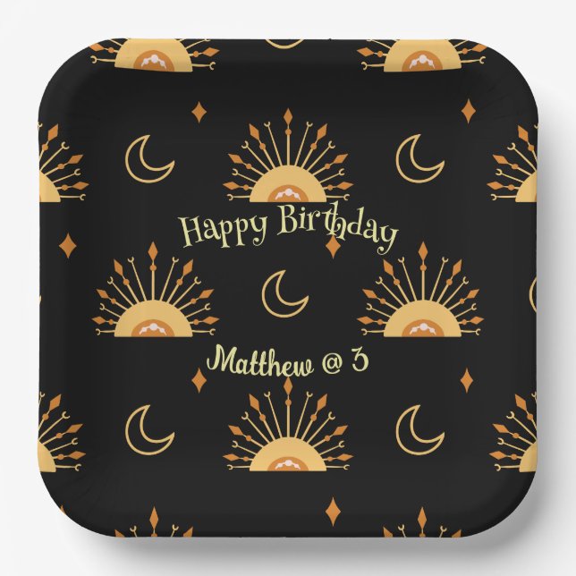 Black Boho Celestial Seamless Pattern Birthday Paper Plate (Front)