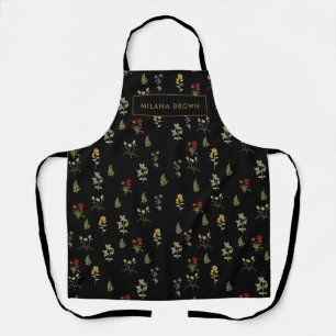 Black Boho Chic Wildflower Pattern Gold Name Apron