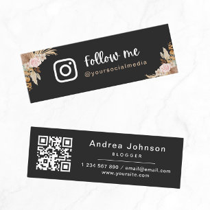 Black Boho Dried Pampas Grass Follow Me QR Code Mini Business Card