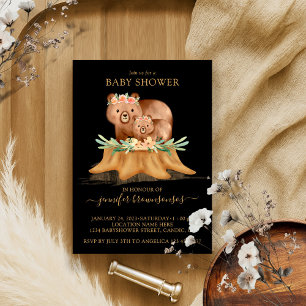 Black Boho Family Bear Mummy Baby Shower Invitation