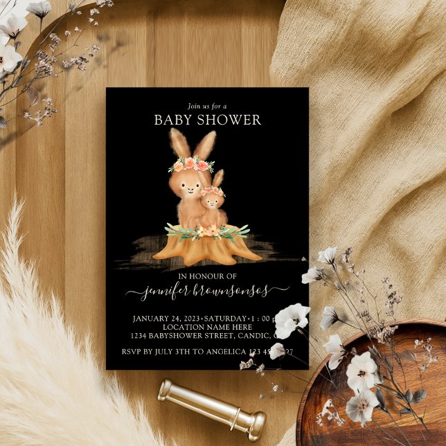 Black Boho Family Rabbit Mummy Baby Shower Invitation (Creator Uploaded)