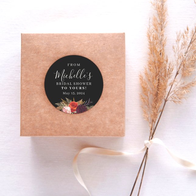 Black Boho Floral Bridal Shower Classic Round Sticker (Creator Uploaded)