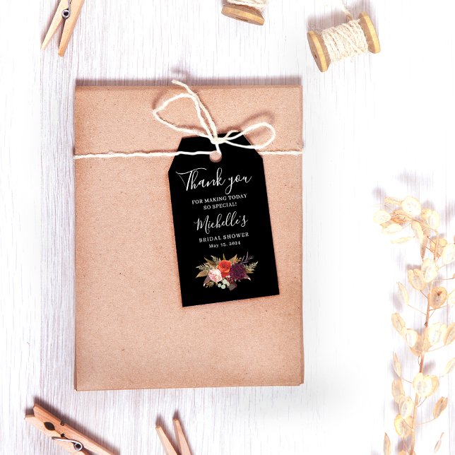 Black Boho Floral Bridal Shower  Gift Tags (Creator Uploaded)