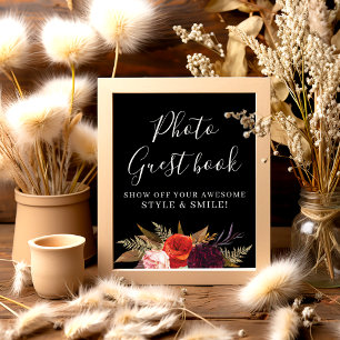 Black Boho Floral Bridal Shower Photo Guest Book