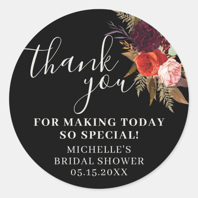 Black Boho Floral Bridal Shower Thank You Classic Round Sticker (Front)