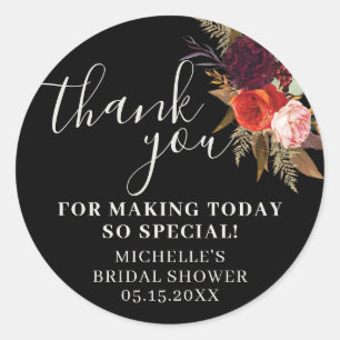 Black Boho Floral Bridal Shower Thank You Classic Round Sticker