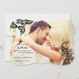 Black Boho Floral Peacock Photo Save The Date Card