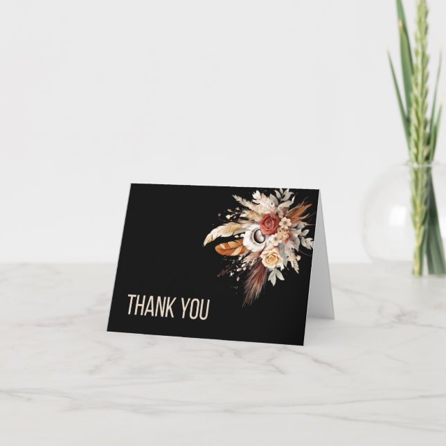 Black Boho Floral Thank You Card (Front)