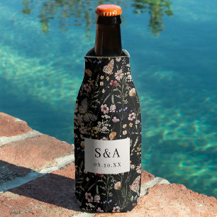 Black Boho Floral Wedding Bottle Cooler