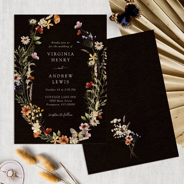 Black Boho Floral Wedding Invitation (Black Boho Watercolor Floral Wedding Invitation by Painted Paperie
)