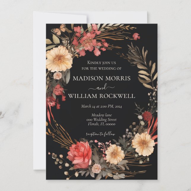 Black Boho Floral Wedding Invitation Elegant Chic (Front)