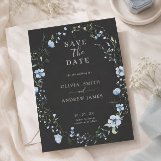 Black Boho Floral Wedding Invitation | Moody Blue 