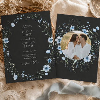 Black Boho Floral Wedding Invitation | Moody Blue 