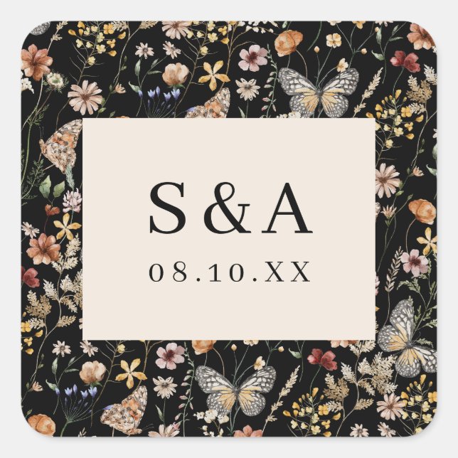 Black Boho Floral Wedding Square Sticker (Front)