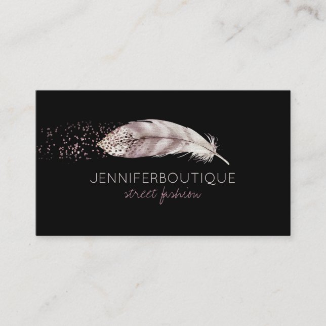 Black Boho Glitter Girly Bird Feather Business Card (Front)