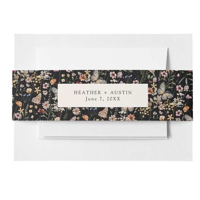 Black Boho Invitation Belly Band (Black Boho Floral Wedding Invitation Belly Band by Painted Paperie)