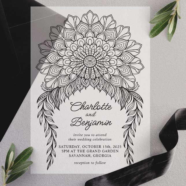 Black Boho Mandala Leafy Vine Wedding Vellum Invitations (Creator Uploaded)