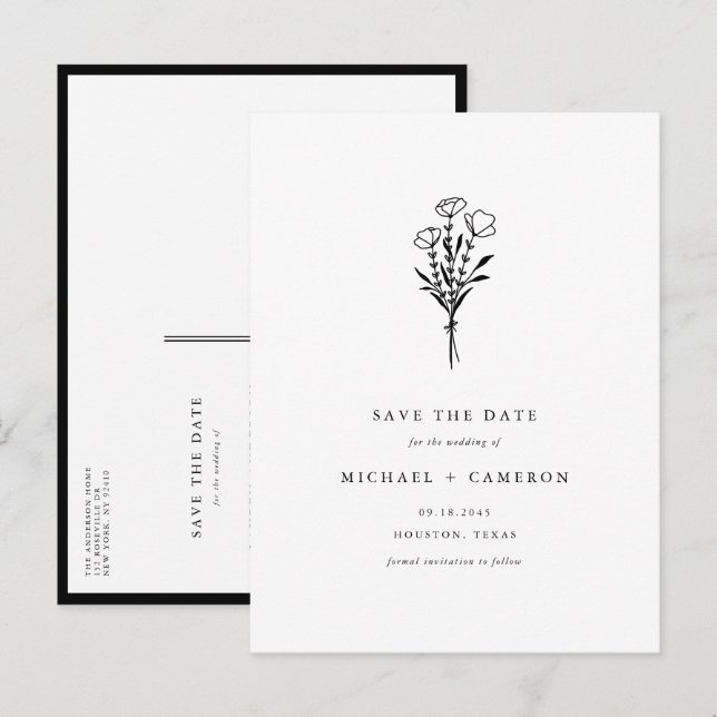Black Boho Minimalist Botanical Save the Date Announcement Postcard (Front/Back)