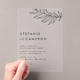 Black Boho Minimalist Foliage Wedding Acrylic Invitations