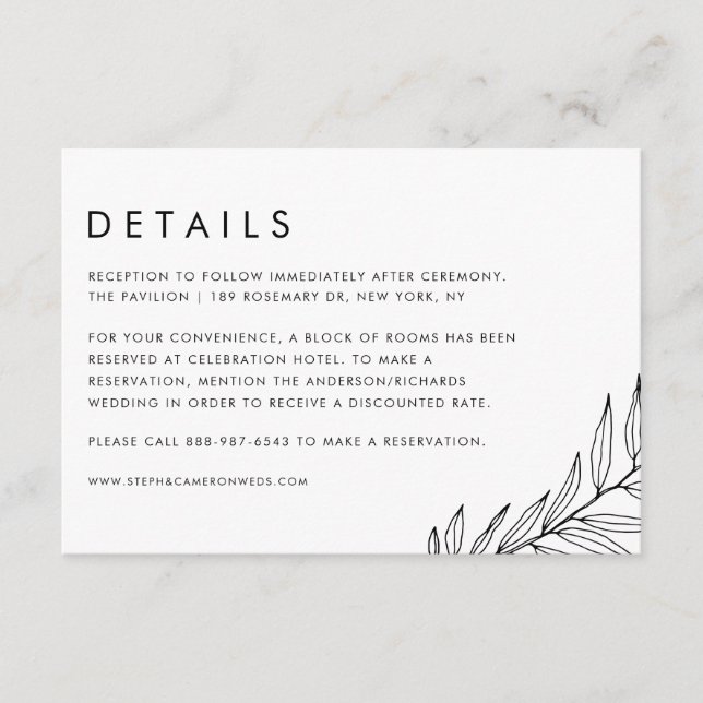 Black Boho Minimalist Foliage Wedding Details Enclosure Card (Front)