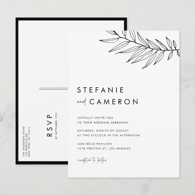 Black Boho Minimalist Foliage Wedding Invitation Postcard (Front/Back)