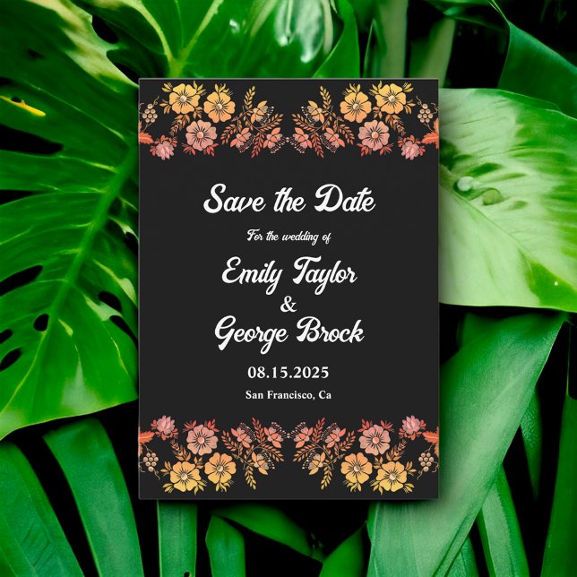 Black Boho Neon Roses Romantic Floral Wedding Save The Date (Creator Uploaded)