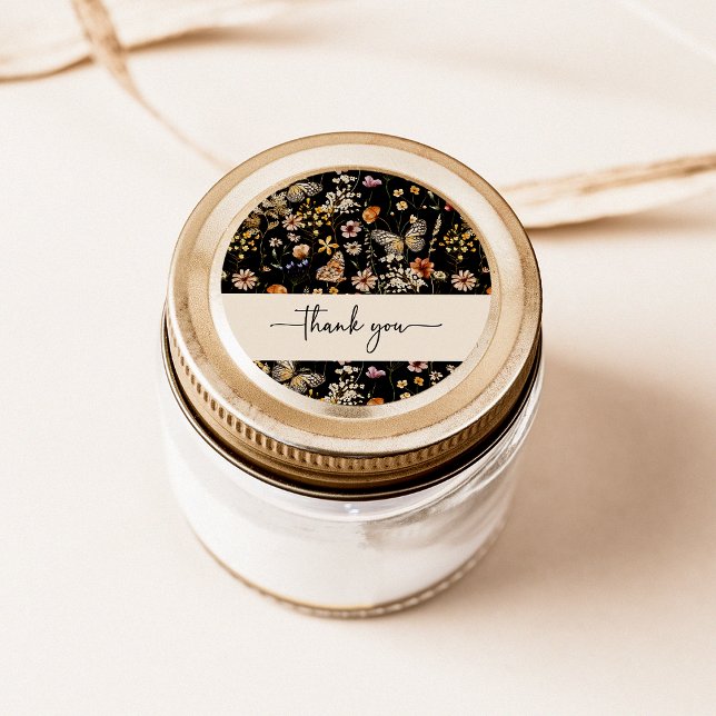 Black Boho Thank You Sticker (Black Boho Floral Thank You Sticker by Painted Paperie
)