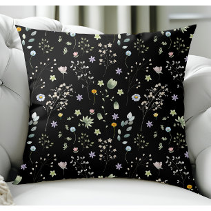 Black Boho Watercolor Floral Pattern Cushion