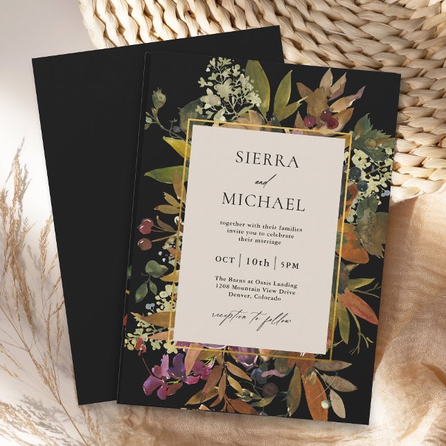Black Boho Watercolor Painted Floral Wedding Invitation (Fall floral wedding invitations with boho watercolor painted florals
)