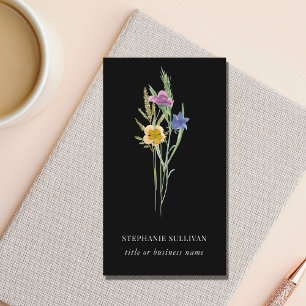 Black Boho Watercolor Wildflower Business Card
