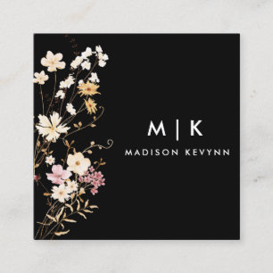 Black Boho Watercolor Wildflower Floral Designer  Square Business Card