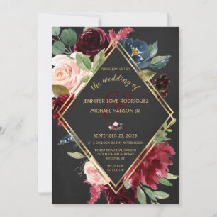 Black Boho Wedding Burgundy Merlot Gold Floral  Invitation