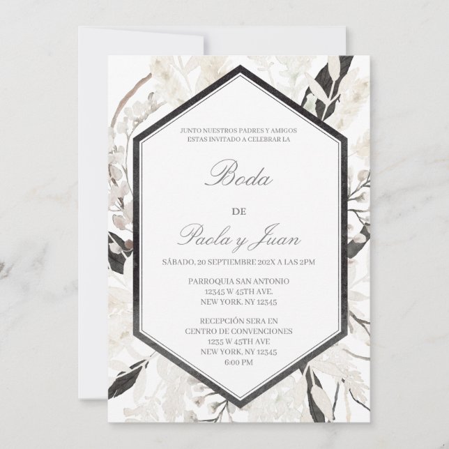 Black boho wedding en español invitation (Front)