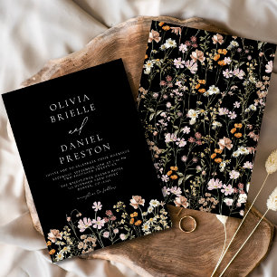 Black Boho Wildflower Beige Garden Wedding Invitation