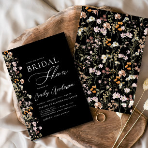 Black Boho Wildflower Bridal Shower Elegant Invitation
