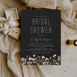 Black Boho Wildflower Bridal Shower Elegant Invitation