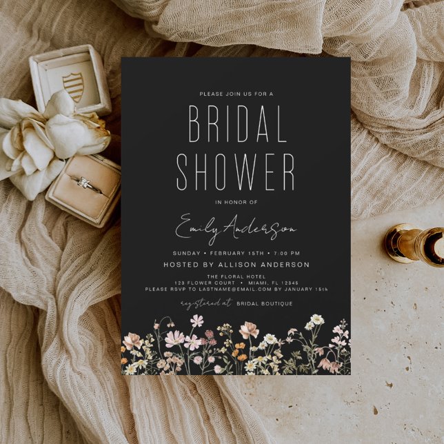 Black Boho Wildflower Bridal Shower Elegant Invitation (Creator Uploaded)