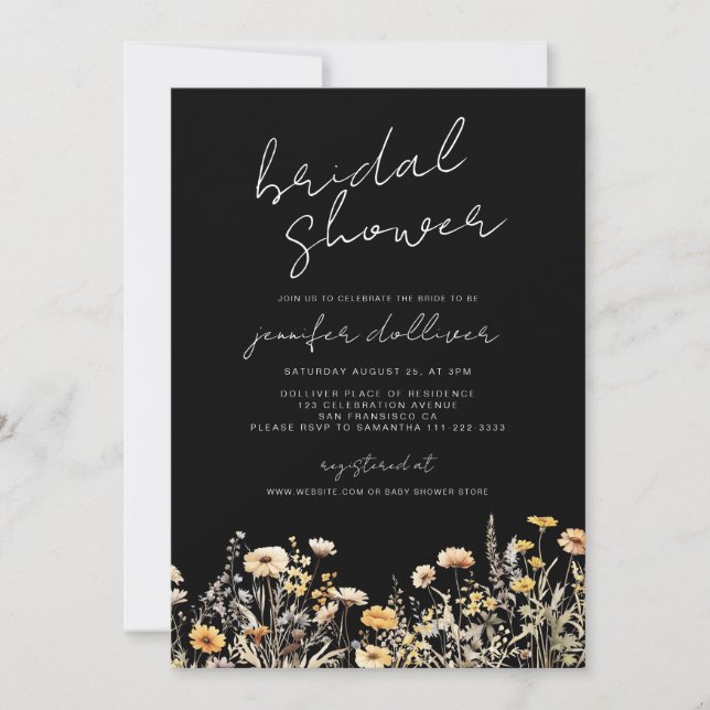 Black Boho Wildflower Elegant Bridal Shower Invitation (Front)